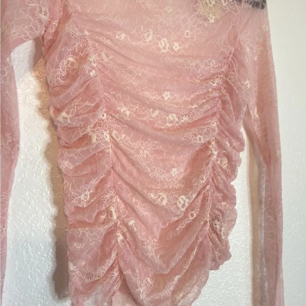 New Free People Pink Lace Lolita romantic cottagecore Long Sleeve Top